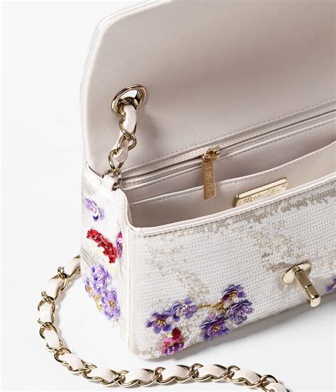 Mini classic handbag, Embroidered satin, sequins, glass beads, 